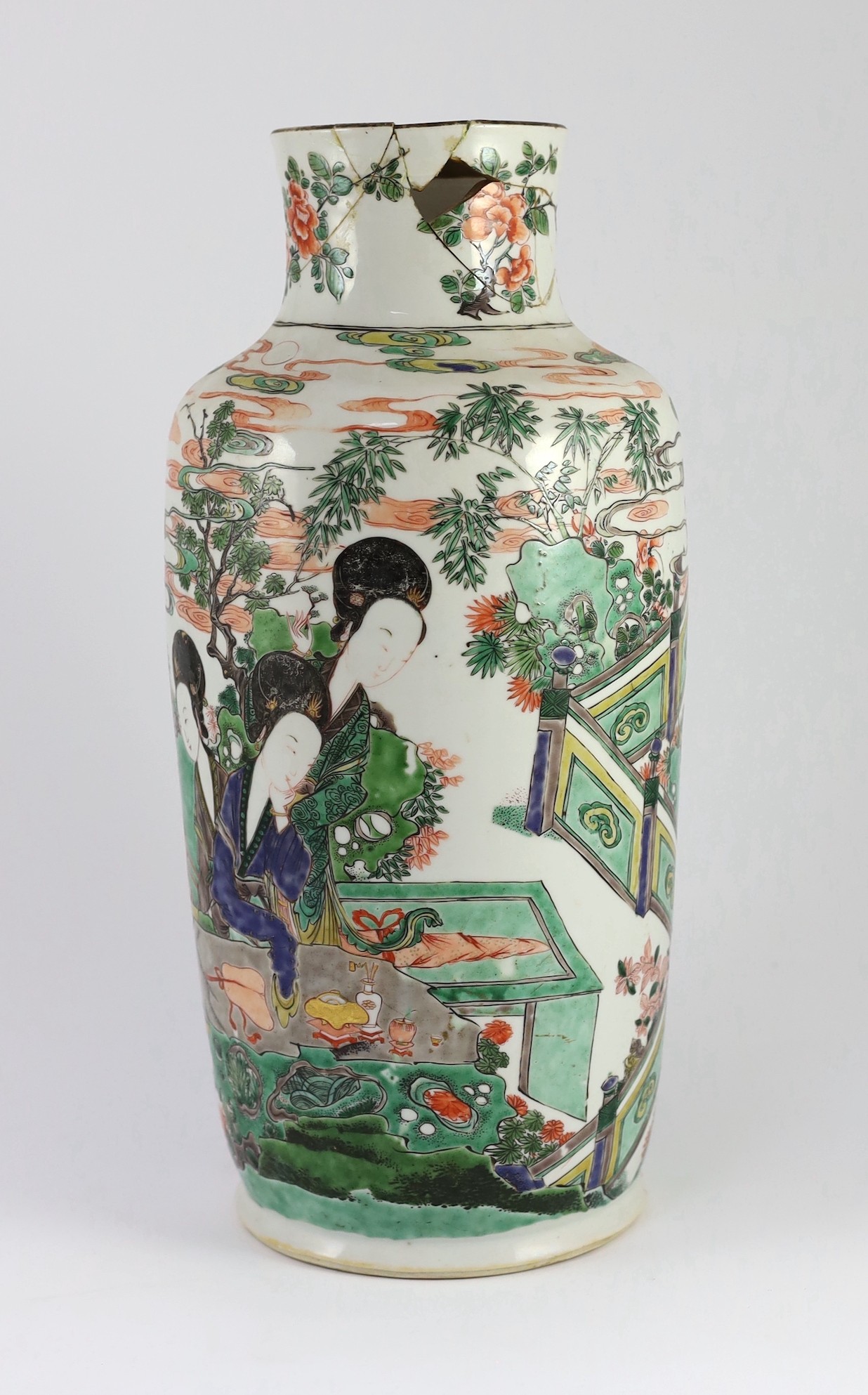 A Chinese famille verte ‘Four Beauties’ vase, Kangxi period, 41.5cm high, neck damaged